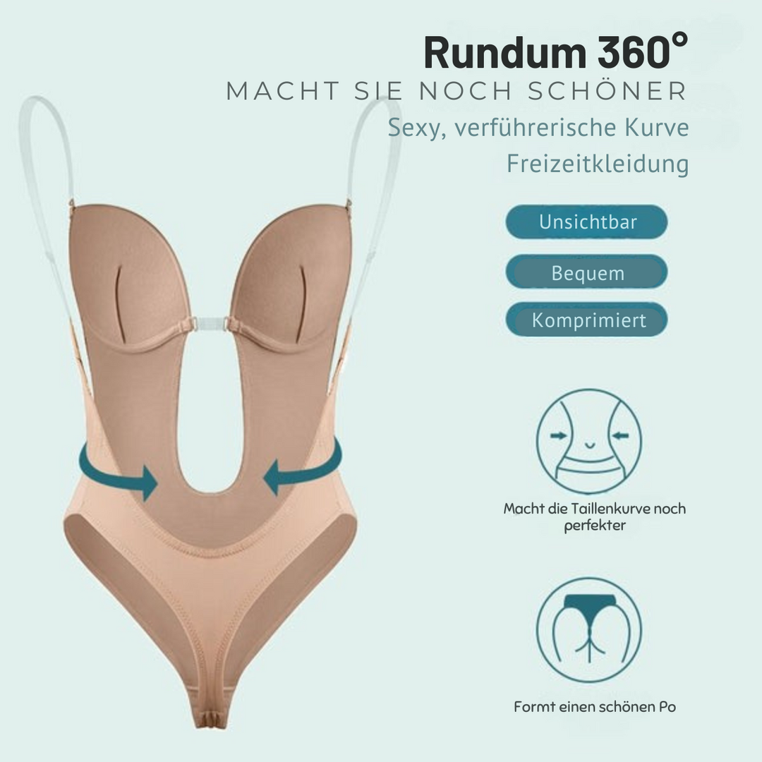 Model trägt rückenfreien Damen Body Shaper BH, unsichtbar unter einem eleganten tief ausgeschnittenen Abendkleid.