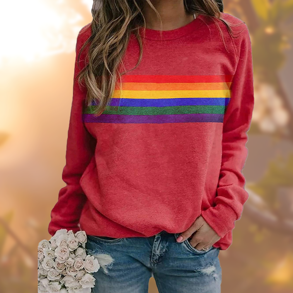 Damen Regenbogen Pullover, weich, loose fit, mit bunten Streifen für gemütliche Freizeit & Herbstmode.