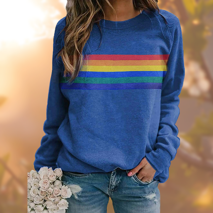 Bequemer Damen Langarm Pullover im Regenbogen-Design, weich, bunt gestreift. Perfekt für Herbst.