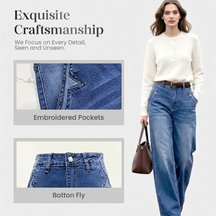 Seitenansicht: Trendige hochtaillierte weite Damenjeans im Retro-Stil, blauer Denim-Stoff.