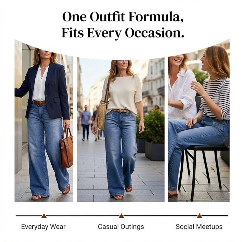 Modell trägt fließende, bequeme blaue Retro Weite Damenjeans mit hohem Bund.