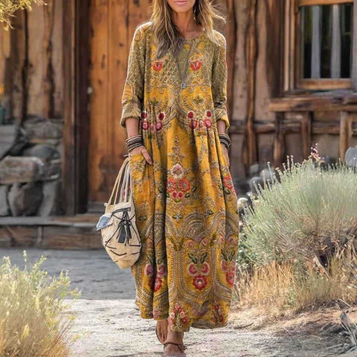Damen Retro Langarm Freizeitkleid mit elegantem Muster und V-Ausschnitt, knielang.