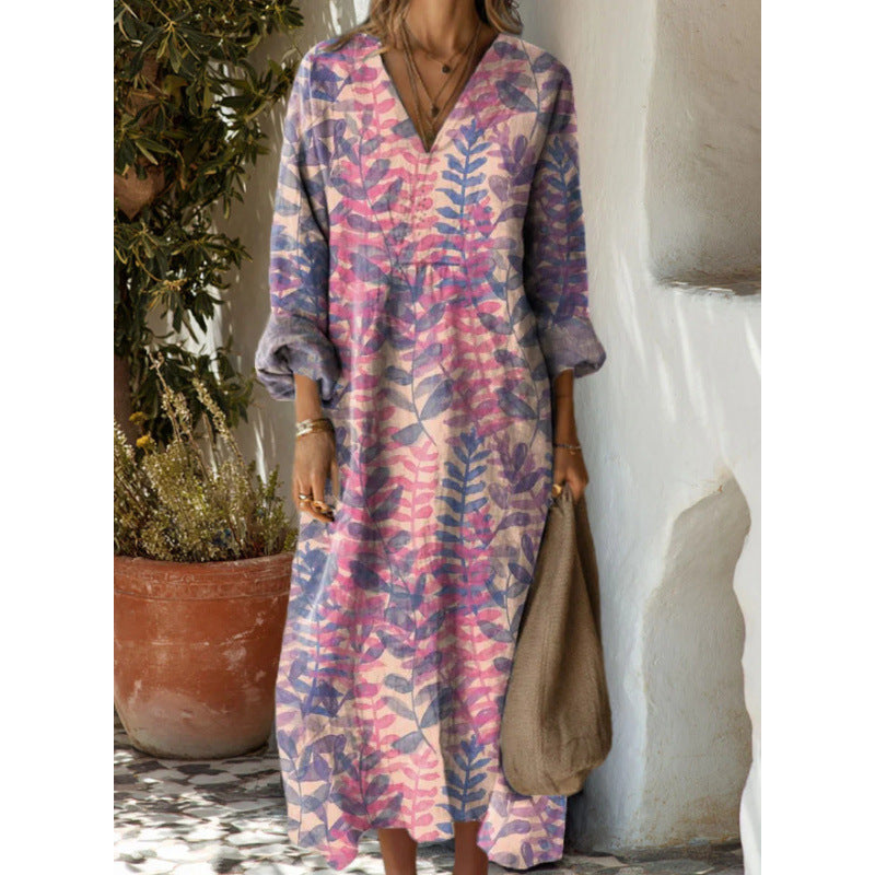 Elegantes Damen Vintage Langarmkleid in fließender Passform, perfekt für Frühling & Sommer.