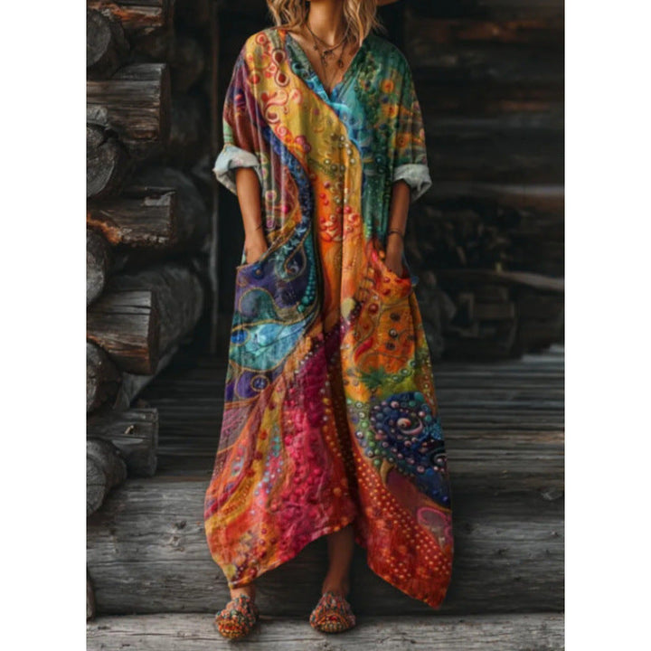 Retro Damen Sommerkleid mit Langarm, V-Ausschnitt und Muster, ein elegantes Freizeitkleid.