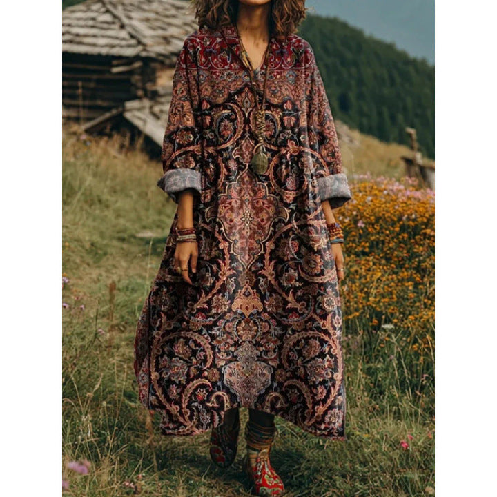 Damen Freizeitkleid elegant, Langarm, gemustert, knielang und fließend, ideal für den Alltag.