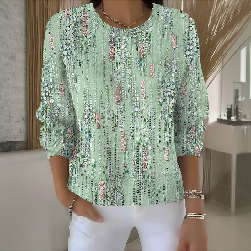 Gemütliches Damen Freizeit T-Shirt im Vintage-Stil, langärmlig mit einzigartigem Druckmuster, ideal für Alltag und Frühling.