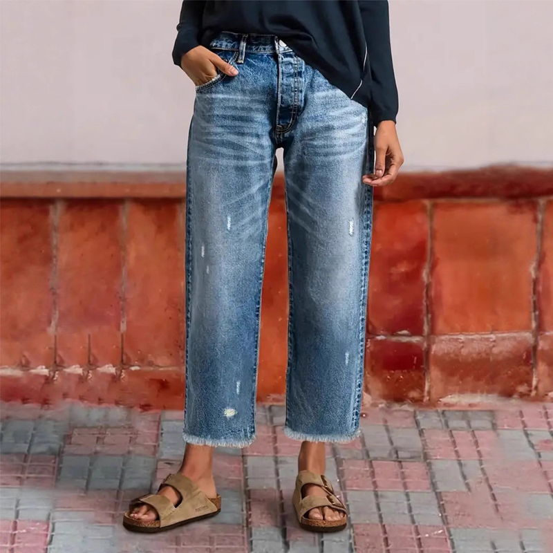 Damen Retro Straight Jeans in klassischem Blau, ideal für Freizeit & Alltag, Vintage Style.