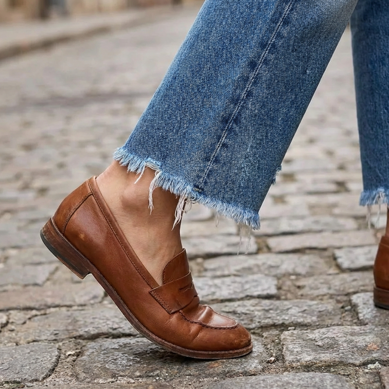 Frau trägt blaue Damen Retro Straight Jeans, Straight Leg, für einen entspannten Alltagslook.