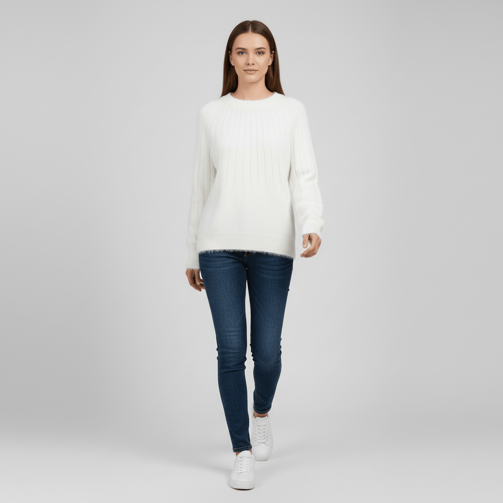Alltagstauglicher Damen Pullover aus Rippstrick, mit Rundhals und langen Ärmeln.