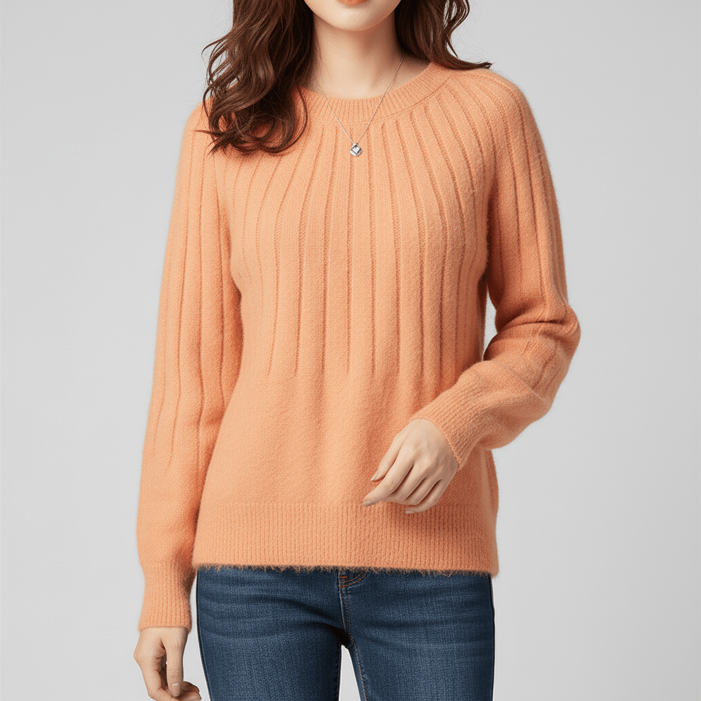 Weicher Damen Rippstrick-Pullover, Langarm, mit Rundhals, perfekt für kalte Tage.