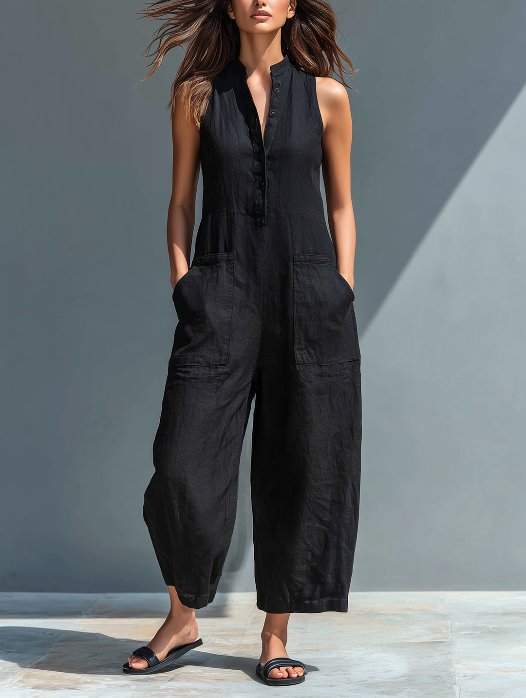Damen Ärmelloser Jumpsuit: Eleganter Einteiler für Business Casual oder Freizeit.