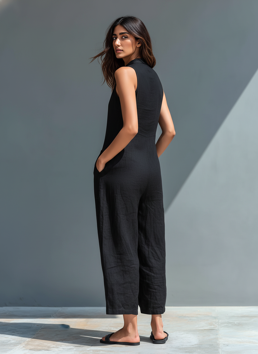 Modischer Damen Jumpsuit mit Knopfleiste und stilvollem Mandarin Kragen, perfekt für Sommer.