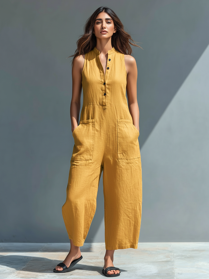 Damen Business Casual Jumpsuit: Ärmelloser Einteiler mit Knopfdetails und Kragen.