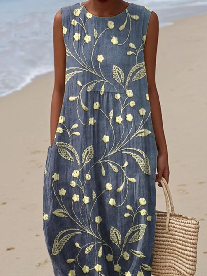 Elegantes, fließendes Damen Blumenkleid, ärmellos. Perfekt als atmungsaktives Strand- oder Sommer-Freizeitkleid.
