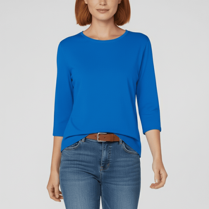 Damen Rundhals-Shirt mit Dreiviertelärmeln in Schwarz; elegantes Basic-Oberteil für vielseitige Looks.