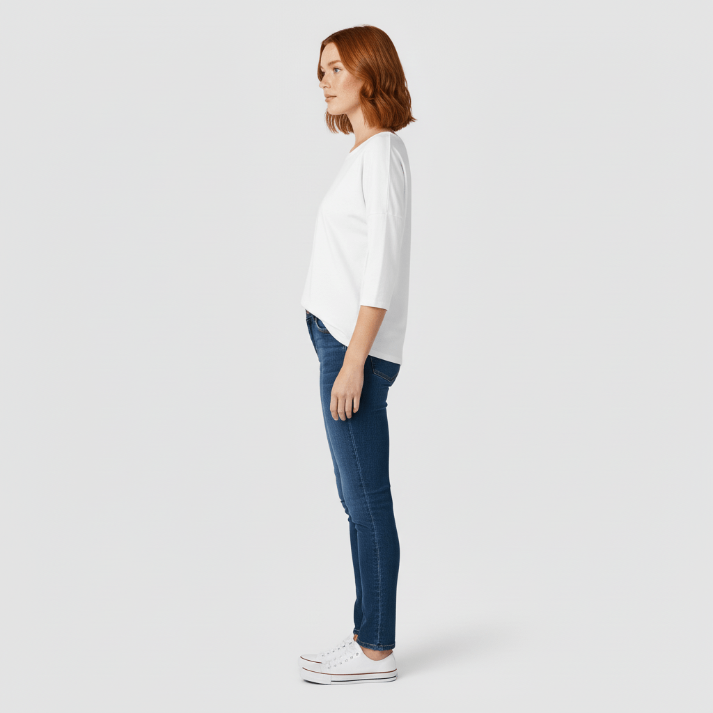Stylisches Damenshirt mit Rundhals-Ausschnitt und Dreiviertelärmeln; vielseitig kombinierbar.