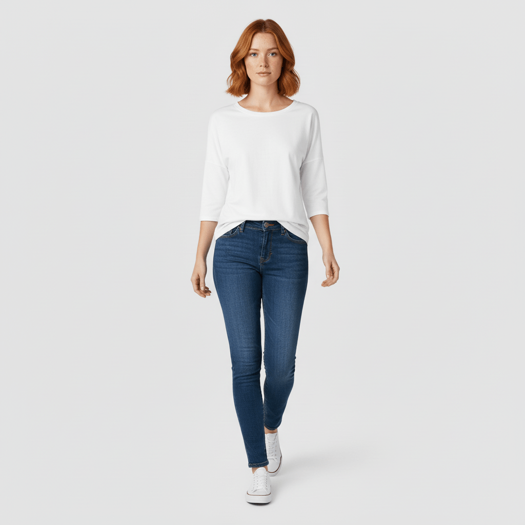 Damen Rundhals-Oberteil mit 3/4 Ärmeln; ein Must-have Basic-Shirt für jeden Tag.
