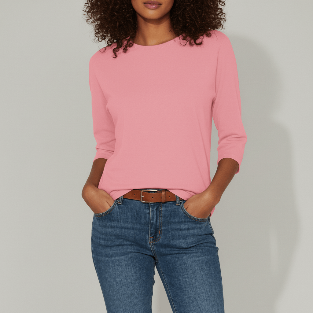 Bequemes & elegantes Damenshirt mit Rundhals & Dreiviertelärmeln; Modell Alyssa.