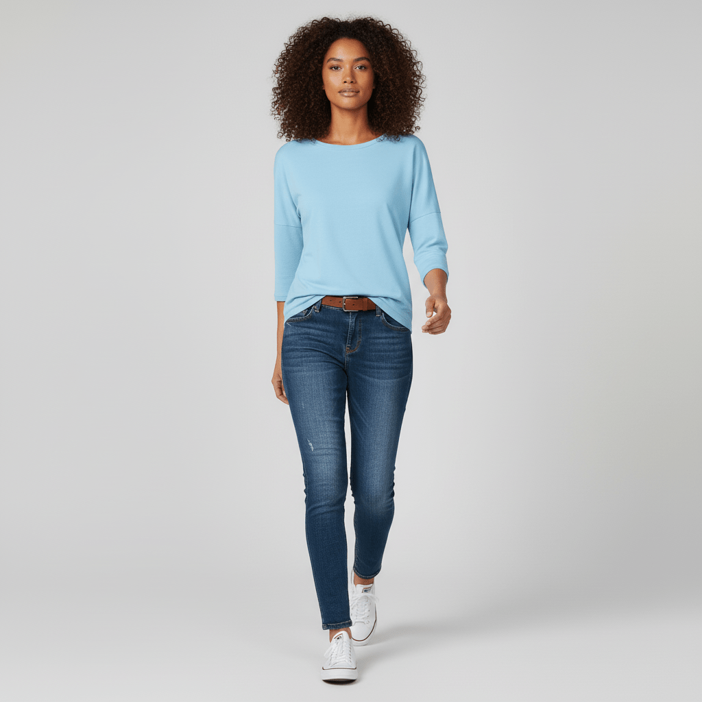 Elegantes Basic-Damenshirt mit Rundhals-Ausschnitt & Dreiviertelärmeln; perfekt für Frühling/Sommer.