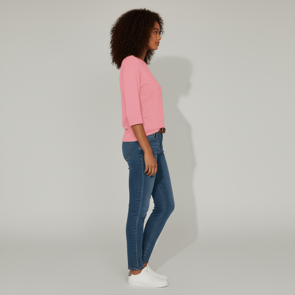 Atmungsaktives Damenshirt mit Rundhals und 3/4 Ärmeln in Blau; ideal für warme Tage.