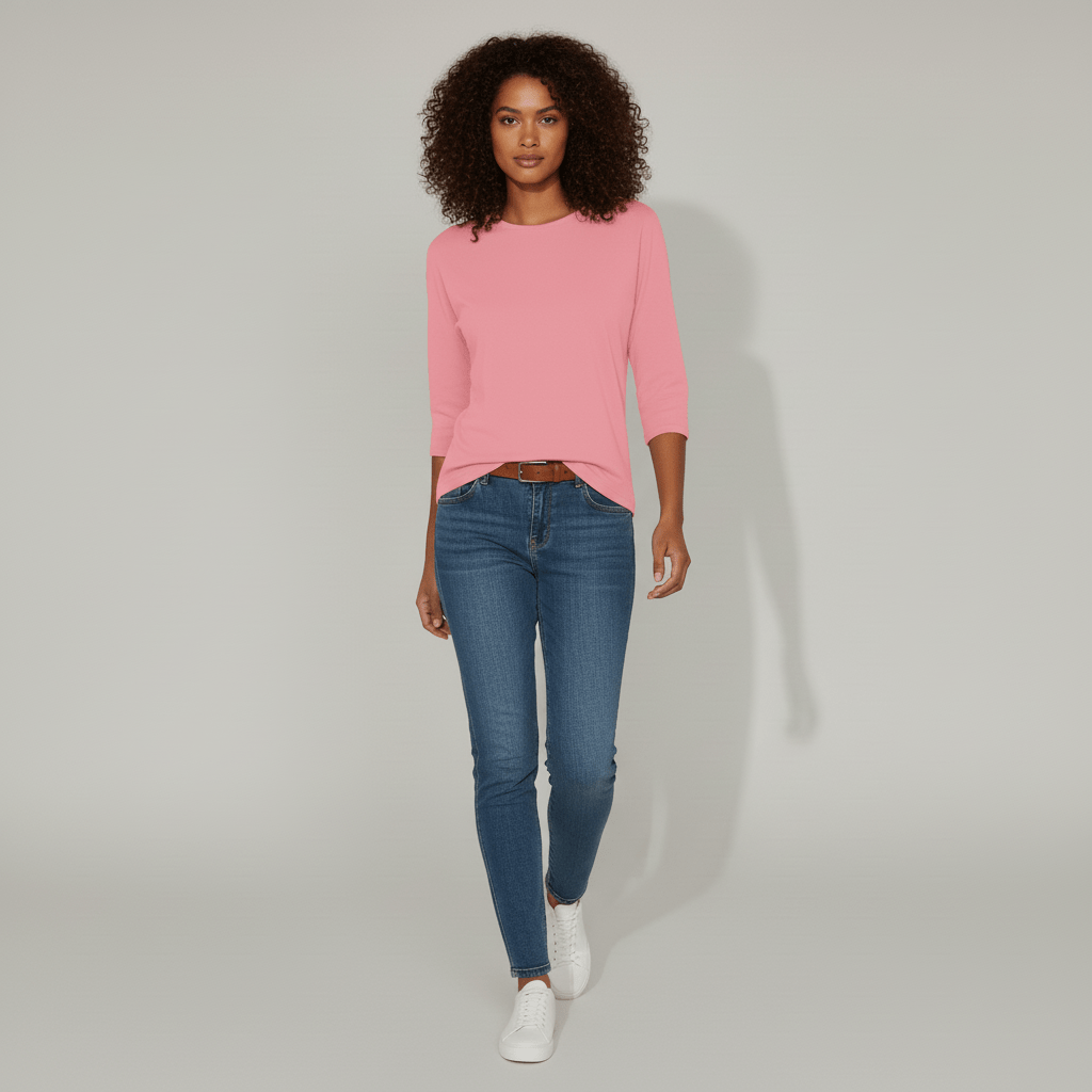 Schickes Damen-Basic-Oberteil mit Rundhals und Dreiviertelärmeln; klassisch und bequem.