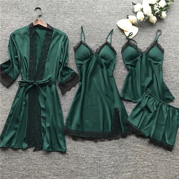 Damen Satiniertes Nachthemd Set: Luxuriöses Pyjama Set für Frauen mit Spitzenbesatz. Elegant & komfortabel für Zuhause.