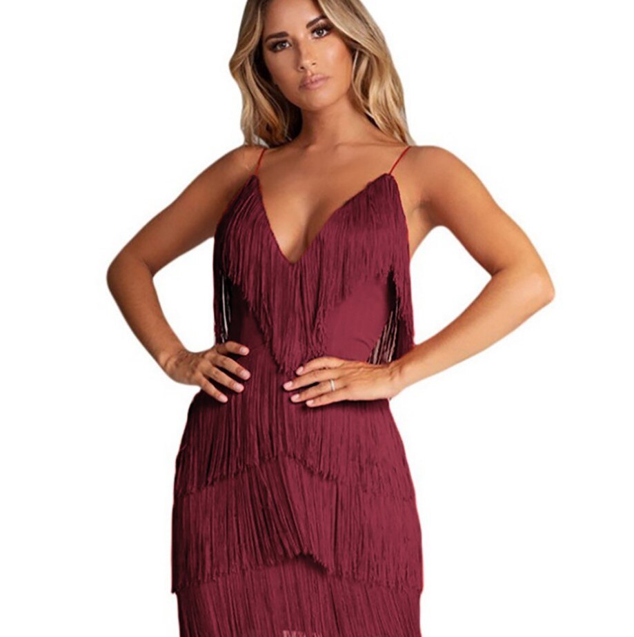 Sexy Partykleid für Damen. Figurbetontes Fransen-Minikleid mit tiefem V-Ausschnitt für Clubnächte & besondere Anlässe.
