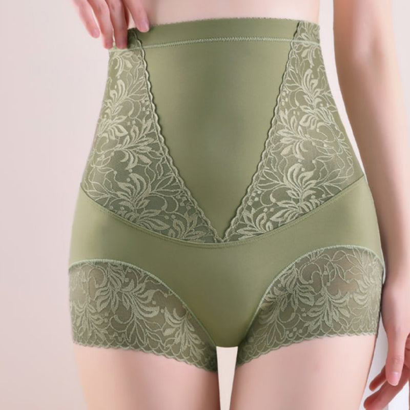 Nahtloser Damen Shapewear Slip mit hoher Taille und Spitze. Für effektive Bauchkontrolle & kurvenbetonend.