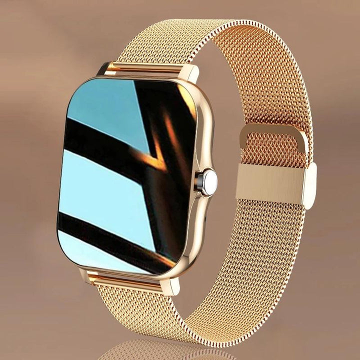 Smartwatch für Damen mit großem Touchscreen Display, zeigt Fitness- & Gesundheitsdaten digital an.