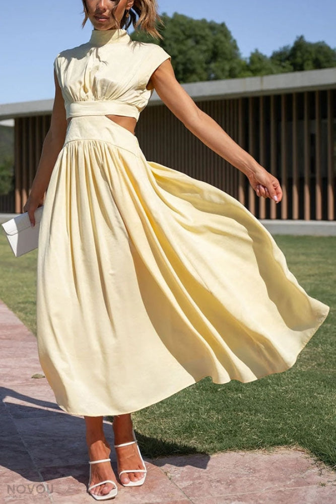 Raffiniertes Damen Midi-Kleid. Sommerlich, Rollkragen, ärmellos, Taillen-Cut-Out. Stilvoll & bequem.