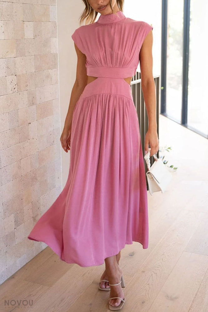 Festliches Damen Midi-Kleid. Rollkragen, Taillen-Cut-Out. Ärmelloses Sommerkleid mit elegantem Schnitt.