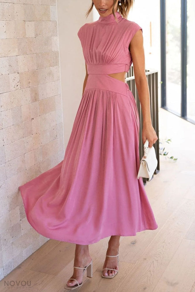 Modernes Damen Midi-Kleid. Sommer, ärmellos, Rollkragen, Taillen-Cut-Out. Figurbetont & elegant.