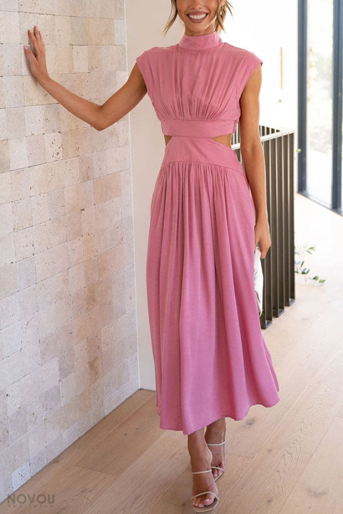 Stylisches Damen Midi-Kleid. Sommerlich, ärmellos, Rollkragen, Taillen-Cut-Out. Für moderne Looks.