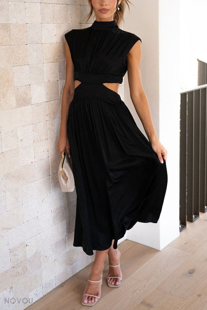 Figurbetontes Damen Sommerkleid, Midi-Länge. Rollkragen & Taillen-Cut-Out. Perfekt für festliche Anlässe.