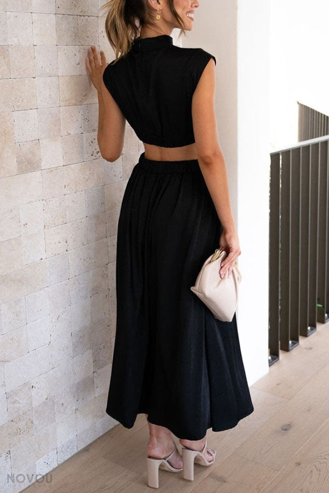 Elegantes ärmelloses Damen Midi-Kleid. Rollkragen und Taillen-Cut-Out. Ideal für Abend & Alltag.