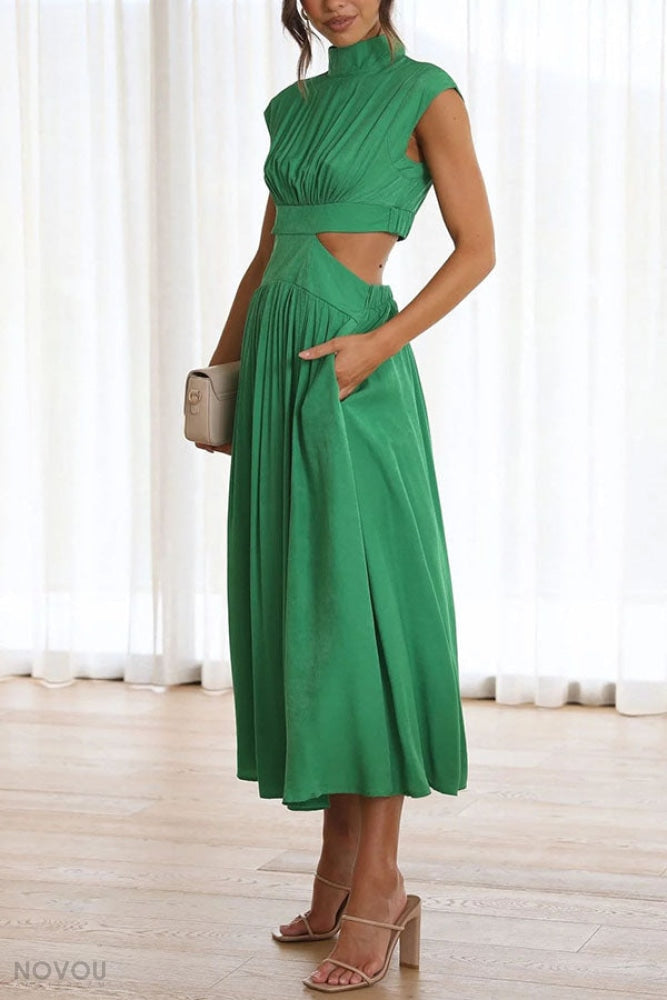 Vielseitiges Damen Midi-Kleid. Sommerlich, ärmellos, Rollkragen & modischer Taillen-Cut-Out.