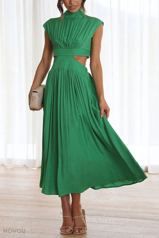 Damen Rollkragen Midi-Kleid, ärmellos. Sommerliches Design mit Taillen-Cut-Out. Elegant & bequem.