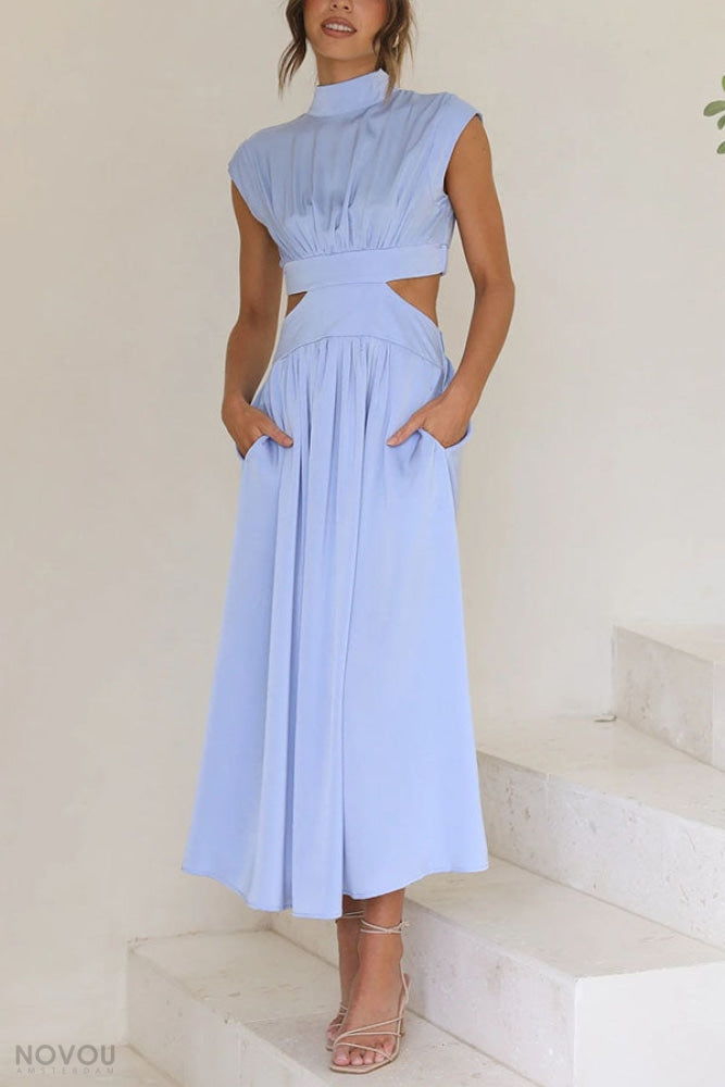 Damen Abendkleid: Ärmelloses Midi-Kleid mit Rollkragen & auffälligem Taillen-Cut-Out für festliche Mode.