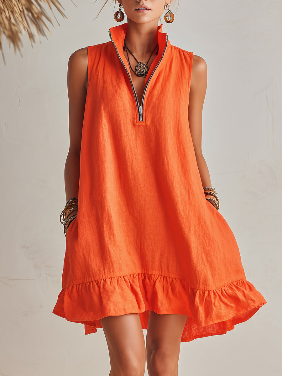 Damen Sommer Mini-Kleid mit Stehkragen, Halb-Reißverschluss & Rüschensaum. Locker & bequem für Alltag.