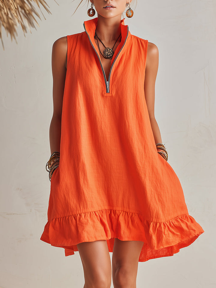 Damen Sommer Mini-Kleid mit Stehkragen, Halb-Reißverschluss & Rüschensaum. Locker & bequem für Alltag.