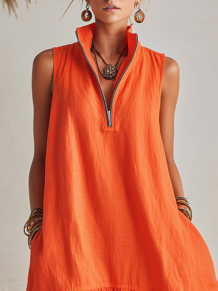 Super bequemes Damen Sommer Mini-Kleid, locker sitzend, mit Stehkragen, Halb-Reißverschluss & Rüschensaum.