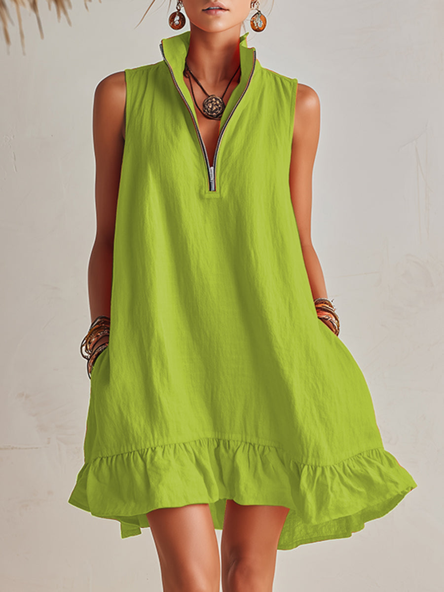 Modernes, elegantes Damen Sommerkleid. Mini-Kleid mit Stehkragen & Halb-Reißverschluss für stilvolle Looks.