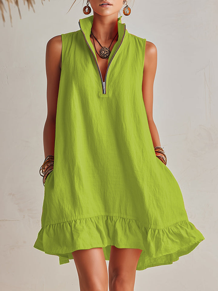 Modernes, elegantes Damen Sommerkleid. Mini-Kleid mit Stehkragen & Halb-Reißverschluss für stilvolle Looks.