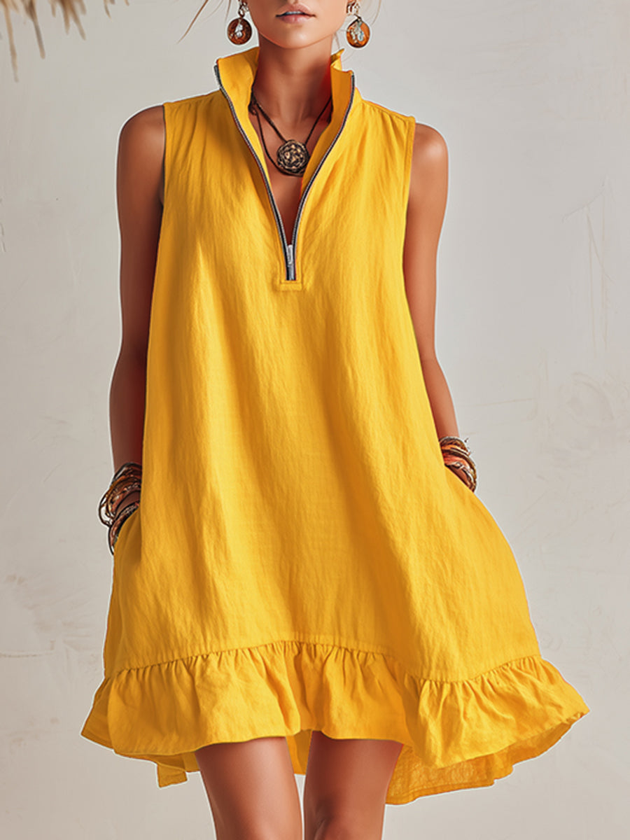Elegantes Damen Mini-Kleid mit Stehkragen & praktischem Halb-Reißverschluss. Perfekt für den Sommer.
