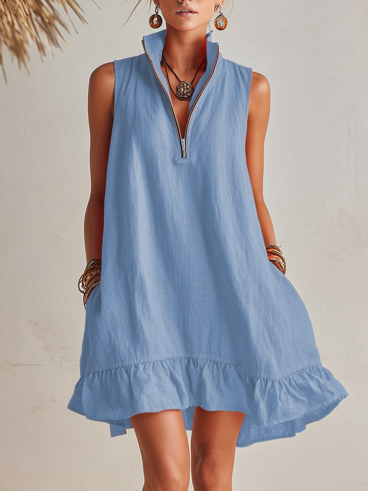 Damen Sommerkleid, locker & bequem für den Alltag. Mini-Kleid mit Stehkragen & Rüschensaum.