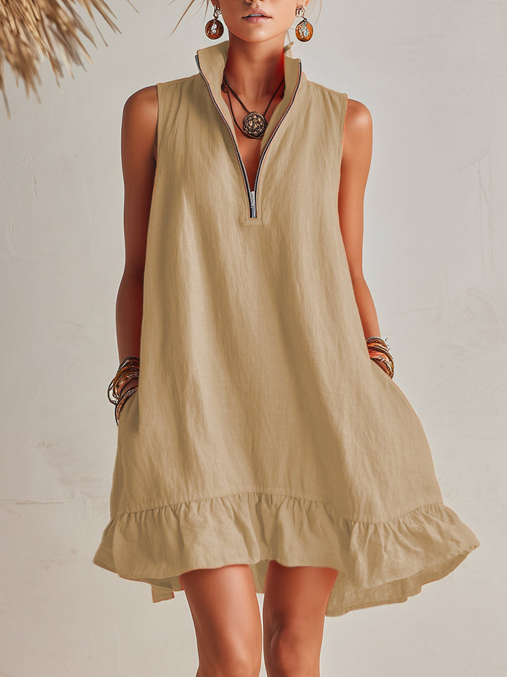 Buntes Damen Mini-Kleid, elegant & sommerlich. Mit Stehkragen, Halb-Reißverschluss & Rüschensaum.