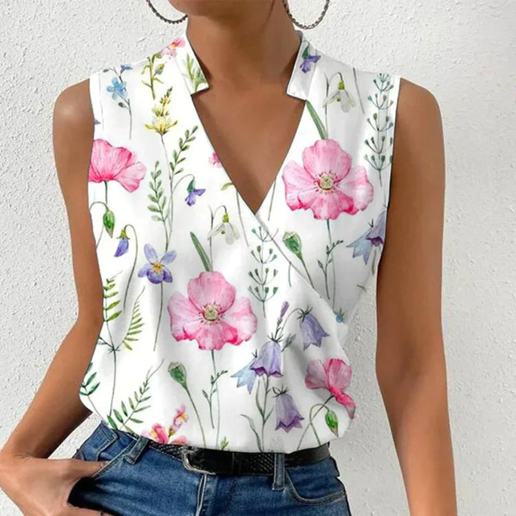 Damen Sommer Top mit floralem Blumenmuster, ärmellos und leicht für warme Tage oder Urlaub. Elegant & casual.
