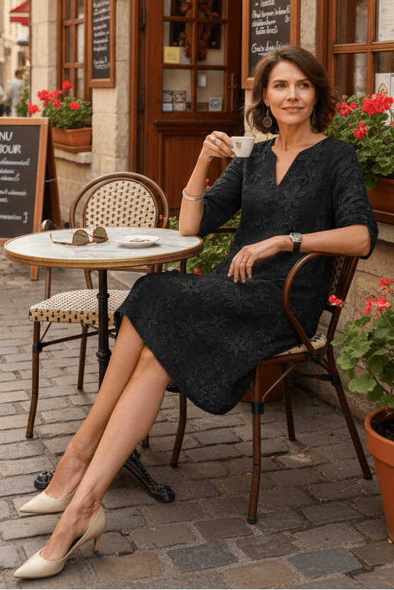 Damen Freizeitkleid Jessica: knielang, V-Ausschnitt, Blumenmuster, Dreiviertelärmel. Locker & sehr bequem.