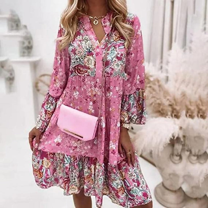 Damen Sommerkleid: Mehrfarbiges Blumenprint Tunika mit V-Ausschnitt, locker und elegant im Boho-Chic.