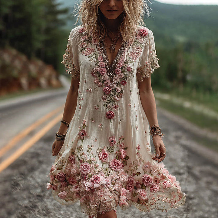 Damen Sommerkleid mit V-Ausschnitt, elegant bestickt mit zarten Blüten für festliche Anlässe.